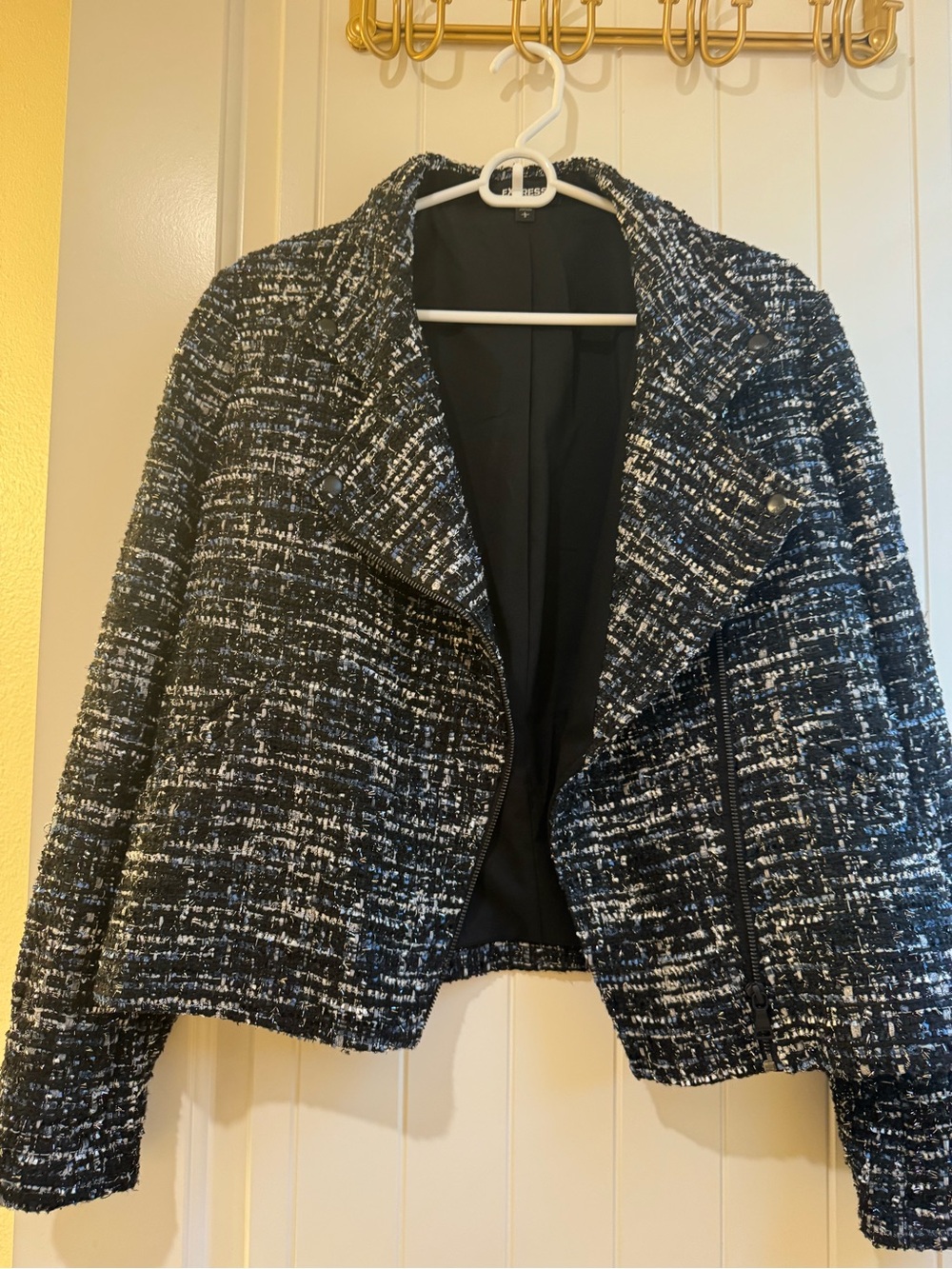 Express Woven Textured Black & White Moto Jacket - Women's